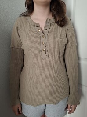 Green Bohme Waffle Knit Long Sleeve Henley Top